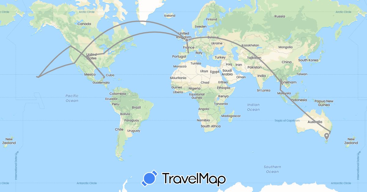 TravelMap itinerary: driving, plane in Andorra, Australia, United Kingdom, Mexico, Thailand, United States (Asia, Europe, North America, Oceania)